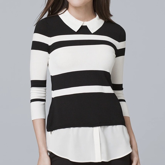 White House Black Market Sweaters - White House Black Market Stripe Twofer Sweater Collared Stretch Size Medium M